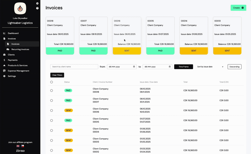 Živno invoice duplication feature demonstration